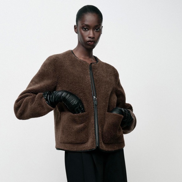 ZARA JACKET WITH FAUX SHEARLING BROWN BLACK XS SHERPA TEDDY COAT FAUX LEATHER - Picture 4 of 10